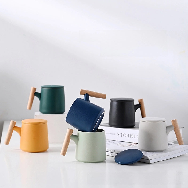 Wooden Handle Ceramic Mug Set with Lid and Filter Frosted Glass Simple Design Engraved Logo Gift Set|Kitchen & Dining