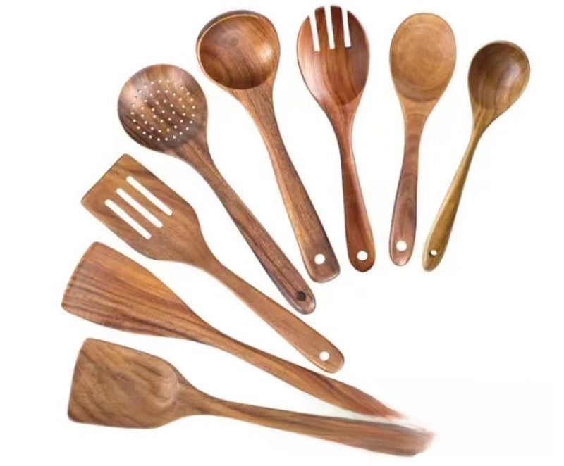 7-piece Teak Wood Kitchen Utensil Set Including Spatula, Soup Spoon & Colander | Kitchenware & Cooking Tools