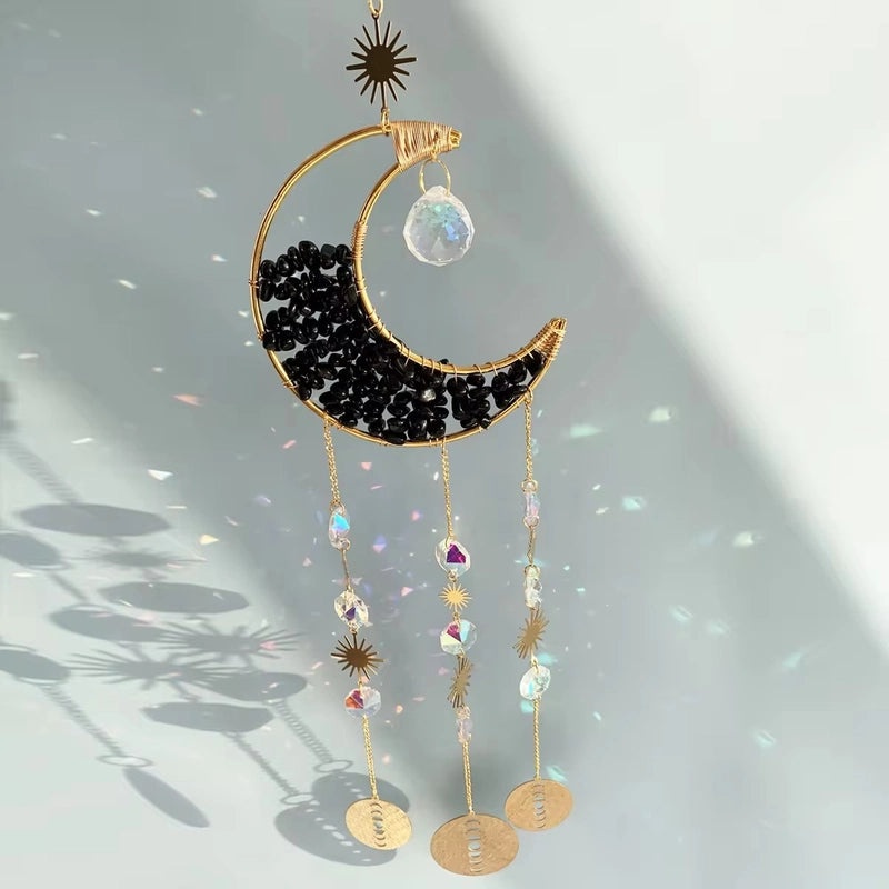 Geometric Moon Crystal Suncatcher with Water Droplets Minimalist Wind Chime Wall Hanging|Home Decor & Wind Chimes