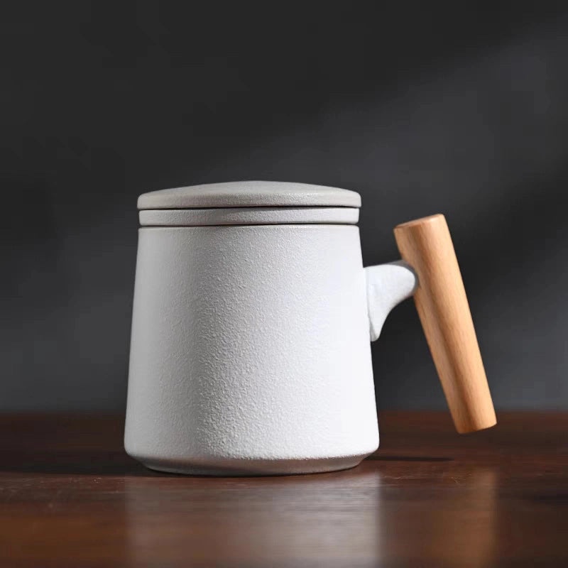 Wooden Handle Ceramic Mug Set with Lid and Filter Frosted Glass Simple Design Engraved Logo Gift Set|Kitchen & Dining