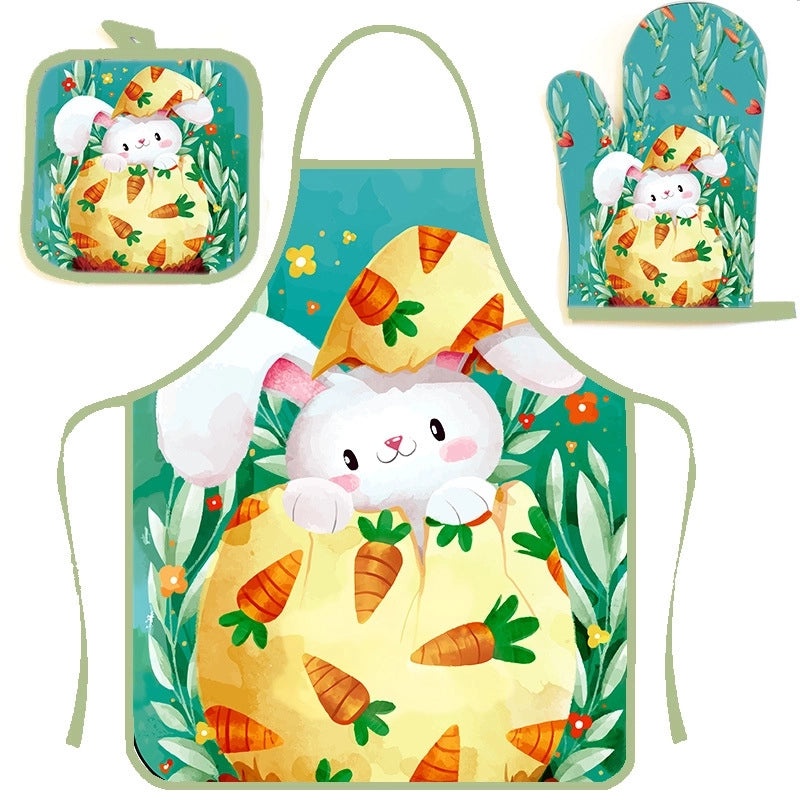 Cartoon Style Minimalist Polyester Apron with Heat Resistant Gloves|Kitchen Accessories