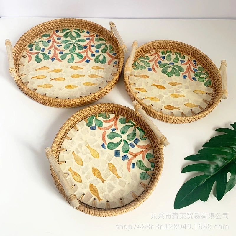 Handwoven Floral Rattan Shell Storage Basket for Casual Home Décor|Home Storage & Organization