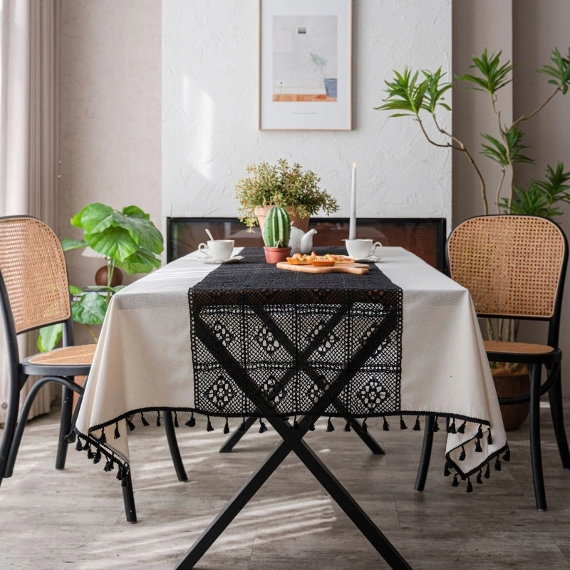 White Plain Tablecloth with Contrast Hollow Stitching Small Fresh Design | Table Linens & Fabrics