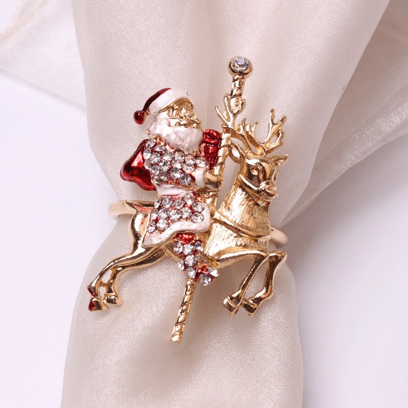 Festive Christmas Tree and Santa Claus Alloy Napkin Rings Set of 6 | Holiday Table Decor