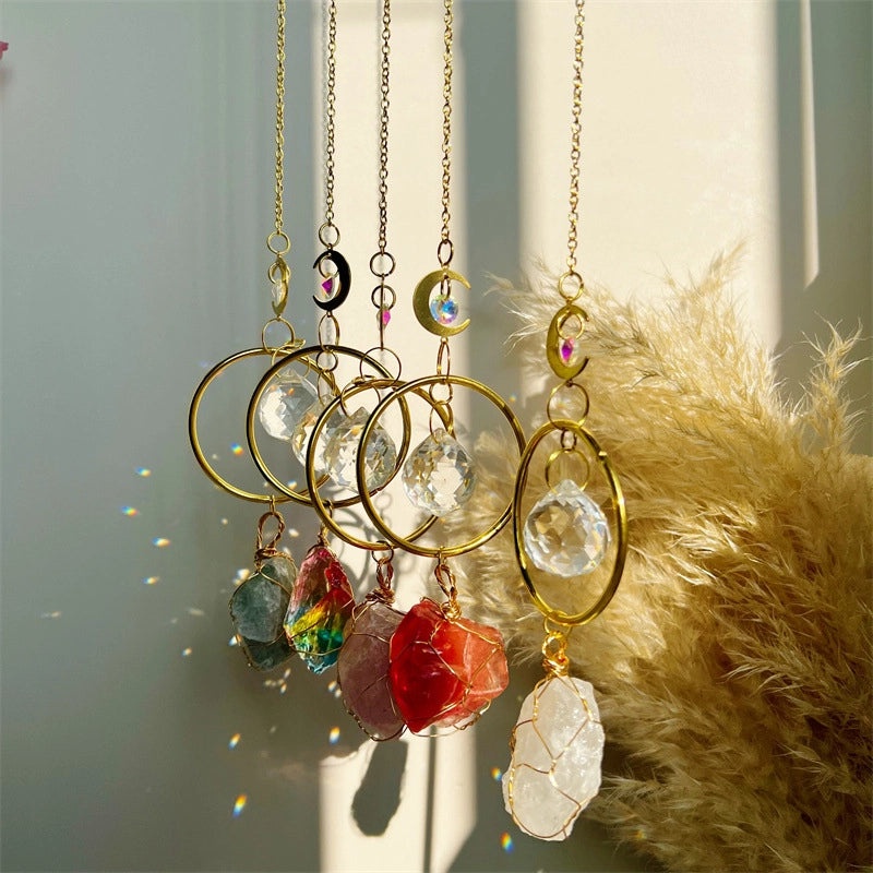 Minimalist Geometric Moon Crystal Suncatcher Wind Chime | Home Decor