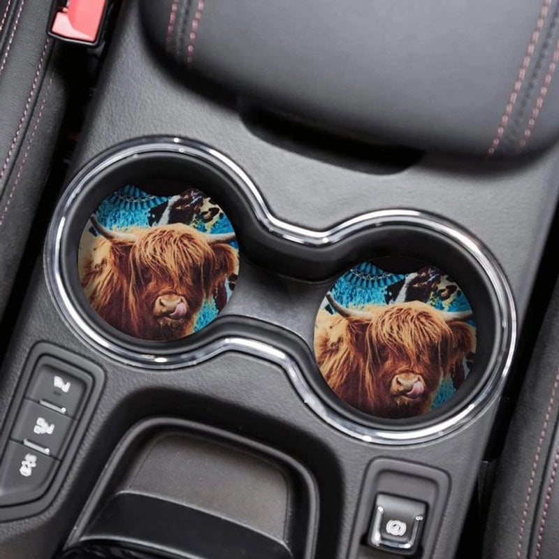 Farm Style Wooden Car Coaster with Highland Animal Design Anti-slip | Home Decor Coasters