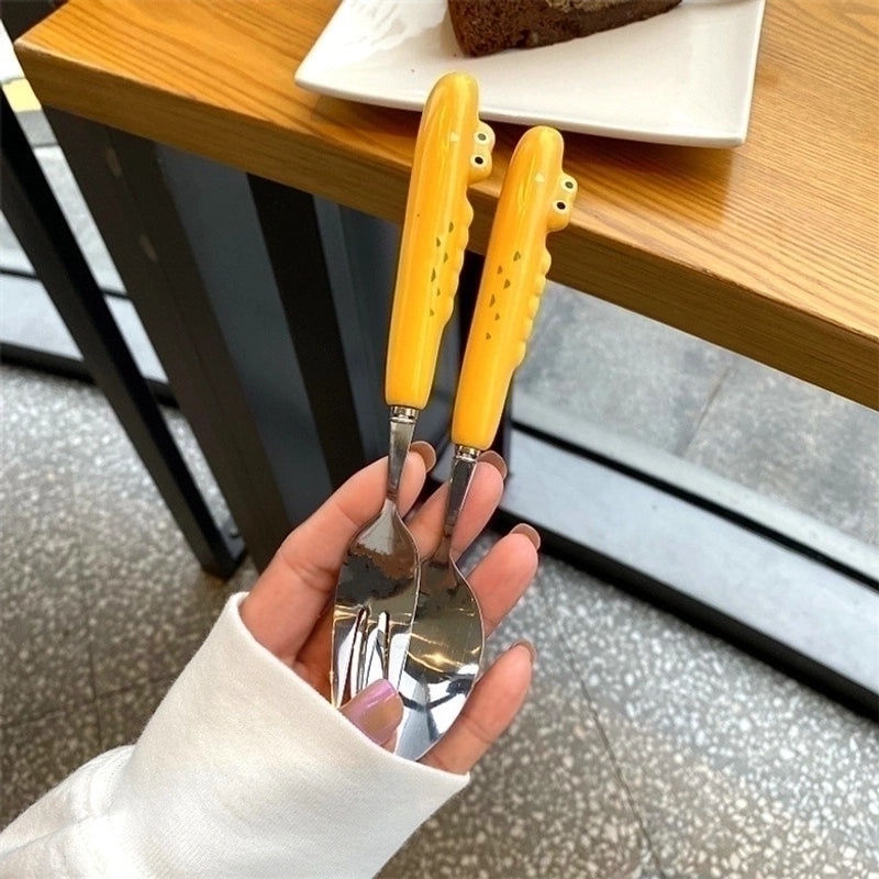 Adorable Cartoon Frog and Crocodile 430 Stainless Steel Ceramic Tableware Set | Kitchen & Dining