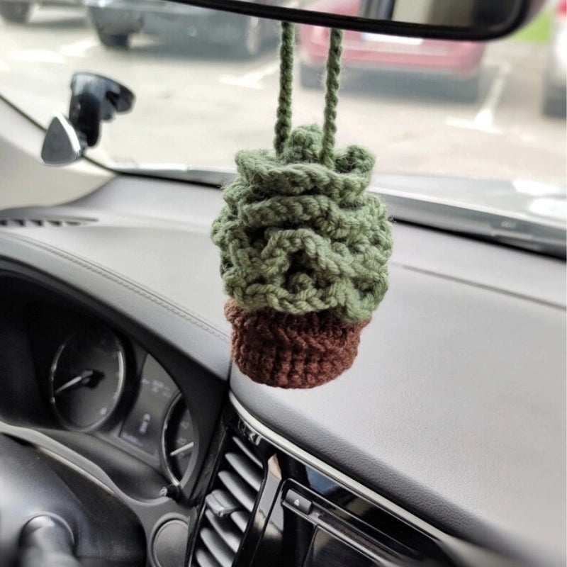 3 Pieces Hand-Crocheted Chlorophytum Yarn Potted Ornaments for Car Rearview Mirror | Car Accessories
