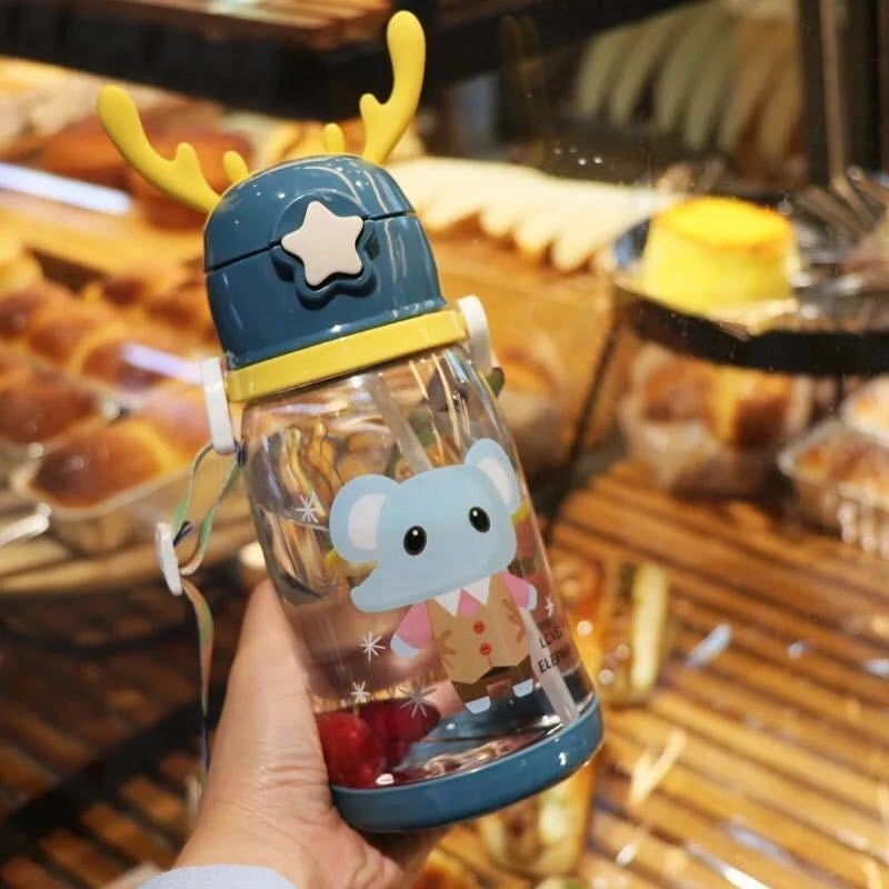 Kids Drop-Resistant Water Bottle with Straw Cute Antler Design for Kindergarten & Primary School Students|Children's Drinkware