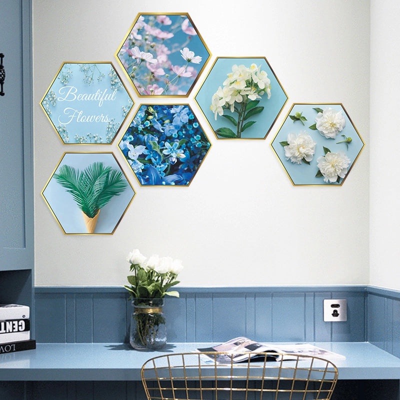 Hexagonal Flat Photo Frame Wall Sticker with Fresh Green Plant Design | Home Decor Wall Art