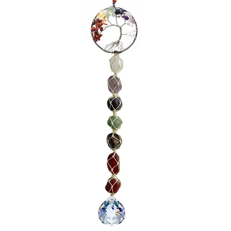 Natural Stone Lucky Tree Car Pendant Crystal Wind Chime Handmade Colorful Gravel Woven Hanging Decor|Car Accessories