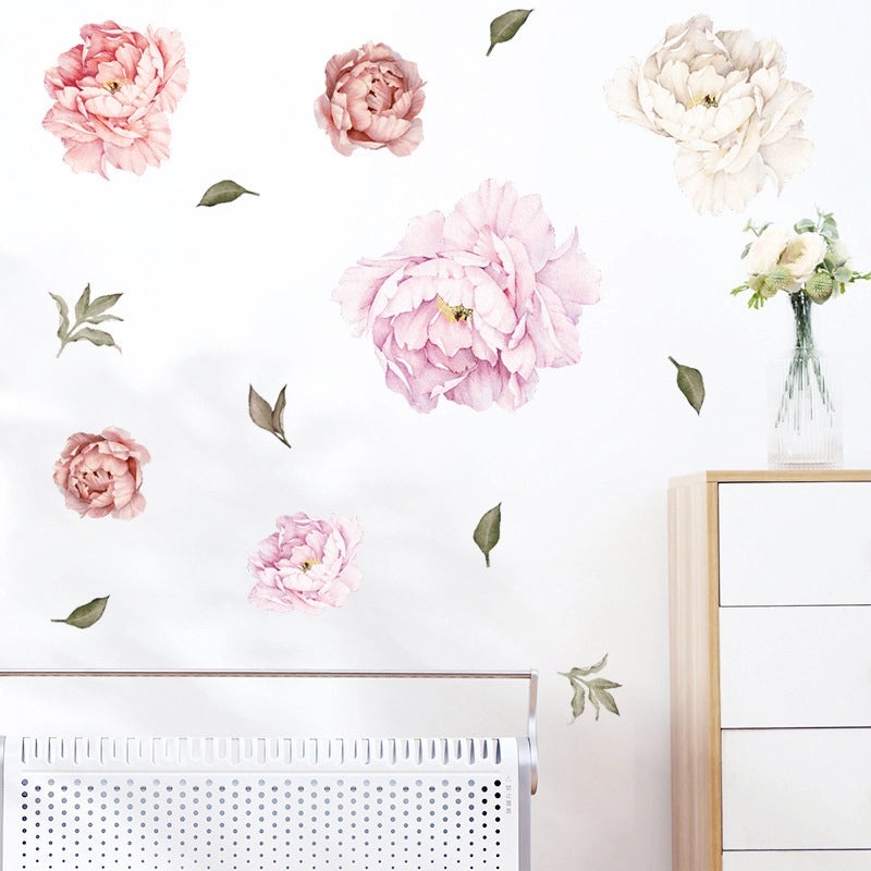 Pink Peony Flower Branch Wall Decal for Bedroom | Home Decor Wall Stickers