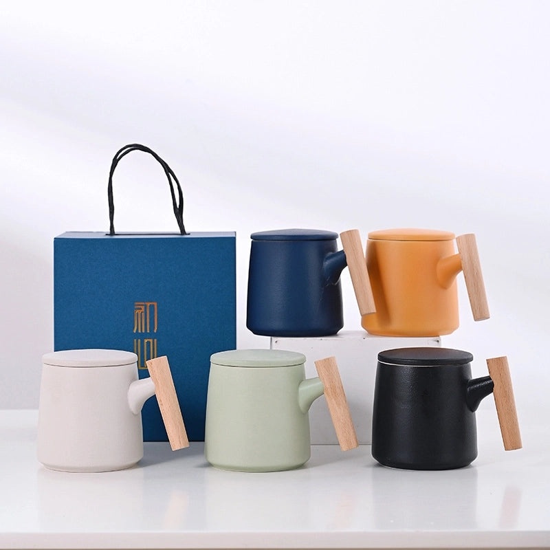 Wooden Handle Ceramic Mug Set with Lid and Filter Frosted Glass Simple Design Engraved Logo Gift Set|Kitchen & Dining