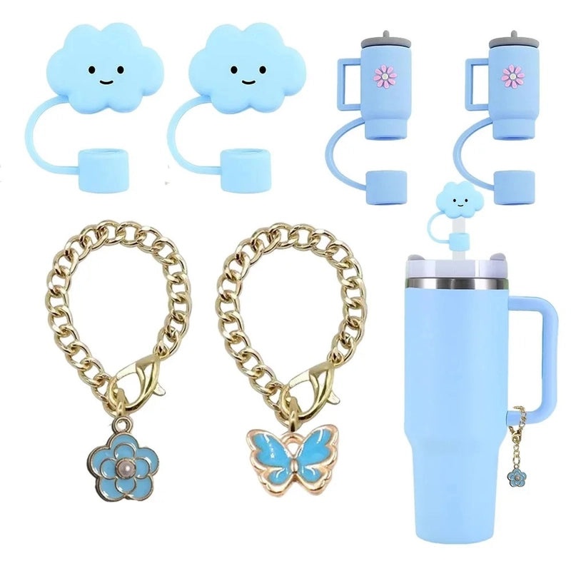 Pastoral Style Floral Metal Straw with Silica Gel Sleeve Decorative Cap Set | Kitchen & Dining Accessories