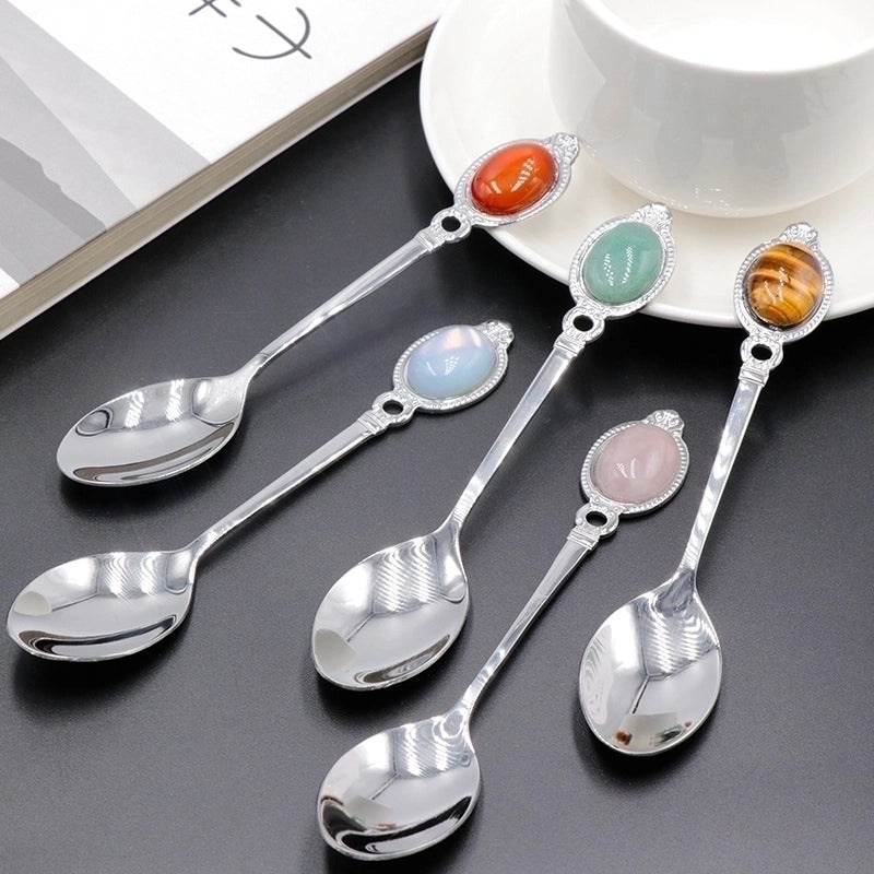 Vintage Solid Color Stainless Steel Spoon with Natural Stone Handle | Kitchen Utensils & Cutlery