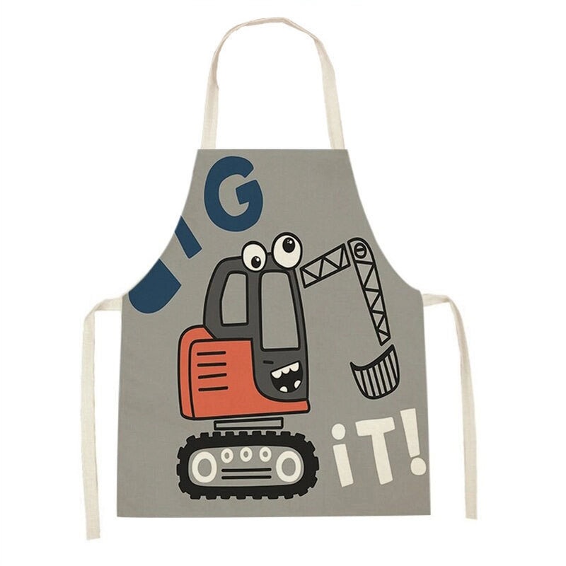 Cartoon Excavator Print Linen Sleeveless Parent-Child Apron Oil-Resistant Home Cooking Protective Wear|Kitchenware & Aprons