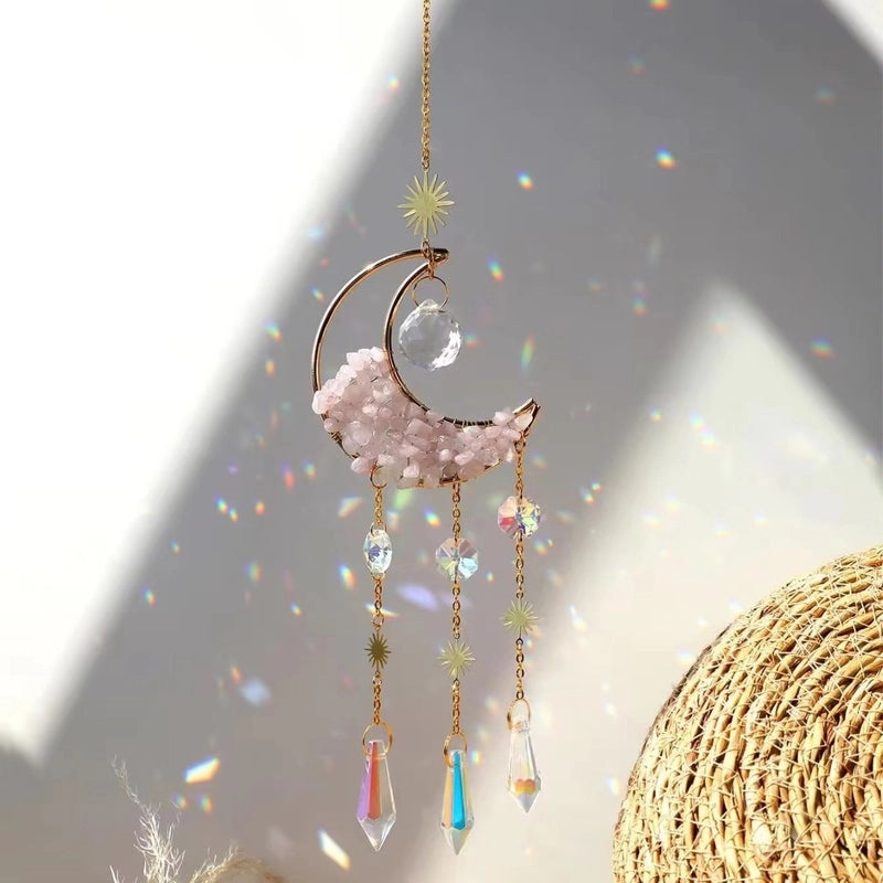 Elegant Amethyst Crystal Moon Pendant Wind Chime Decorative Water Droplets | Home Decor Accessories