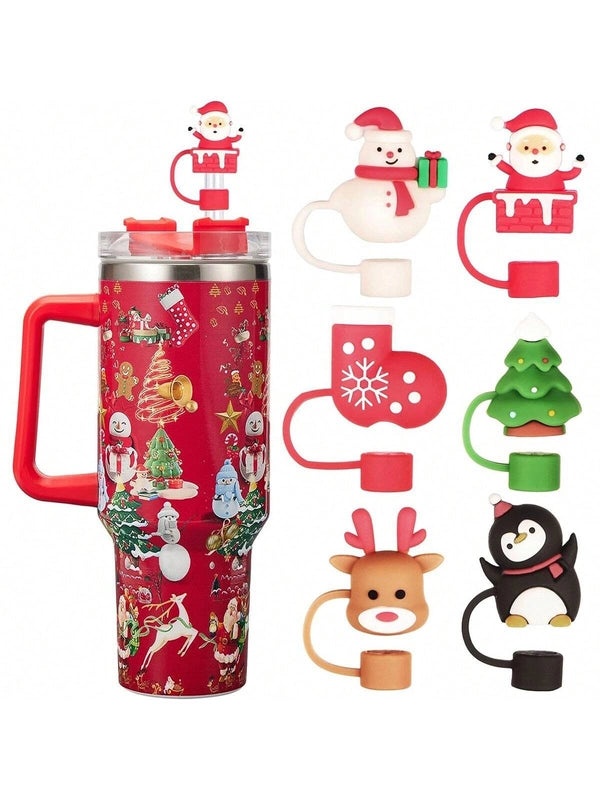 Christmas Santa Claus Silicone Straw Cap Set|Holiday Drink Accessories
