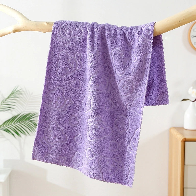 Soft Coral Fleece Embossed Bear Face Towel Quick-Dry Absorbent Cartoon Design|Home & Living Towels