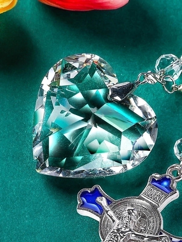 Clear Heart Crystal Cross Car Charm with Blue Enamel | Car Interior Accessories