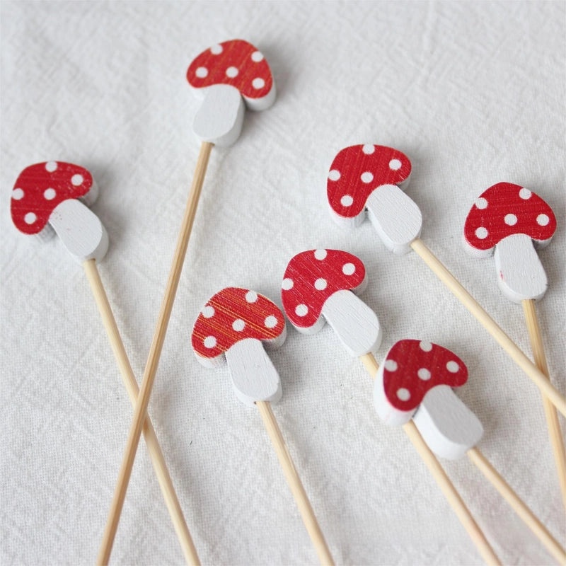 Disposable Polka Dot Mushroom Decorative Toothpicks Bamboo Snack Picks for Hotel Restaurant Fruit Display 100 Pieces|Party Supplies