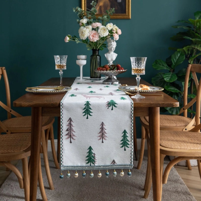Yi Qiyun Christmas Jacquard Table Runner with Pine Deer Design Perfect for Dining, Tea Table, Bed, and TV Cabinet|Home Decor
