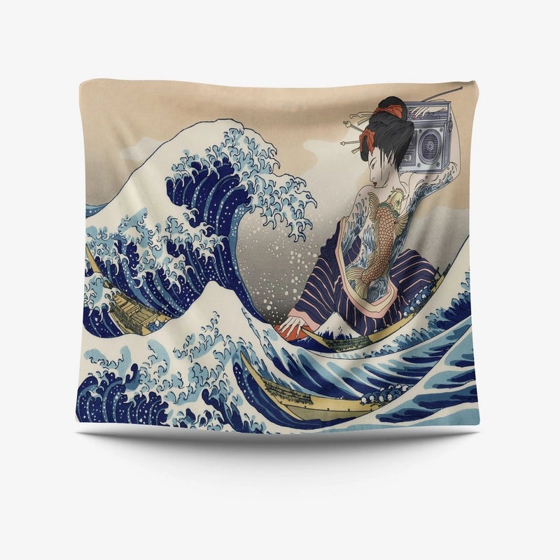 Kanagawa Surf Wave Tapestry with Ukiyo-e Style Background | Home Decor Wall Art