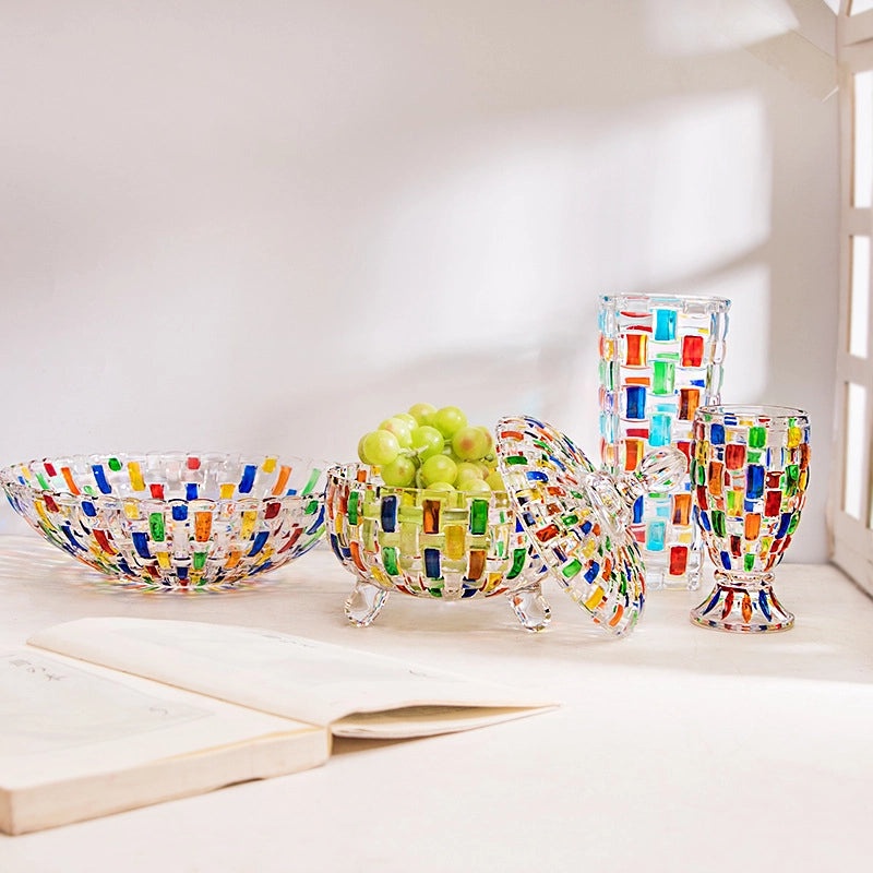 Hand Painted Colorful Vase and Woven Pattern Fruit Plate with Lid, Candy Jar, Painted Glass Juice and Whiskey Wine Glass|Home Decor & Drinkware