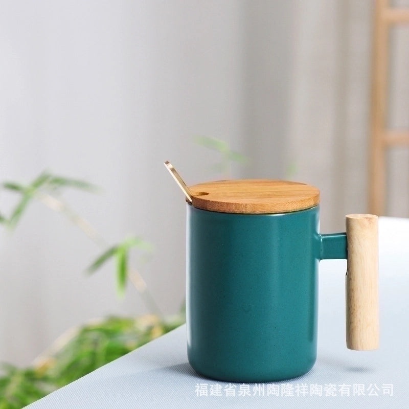 Matte Ceramic Mug with Solid Color and Wooden Handle | Home & Kitchen Drinkware