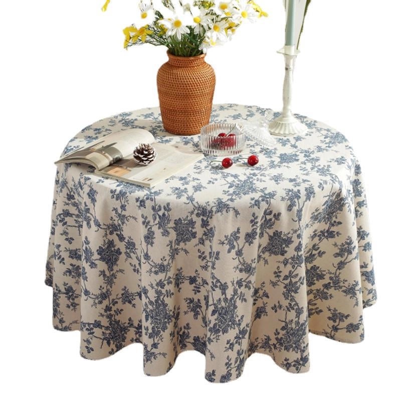 Vintage Blue Floral Small Round Tablecloth Cotton Linen Tea Table Cover|Home Decor Table Linens