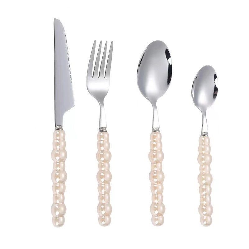 Ceramic Pearl Handle Stainless Steel Cutlery Set, Luxury Western Hotel Tableware, Steak Knife, Fork & Dessert Spoon | Kitchen & Dining