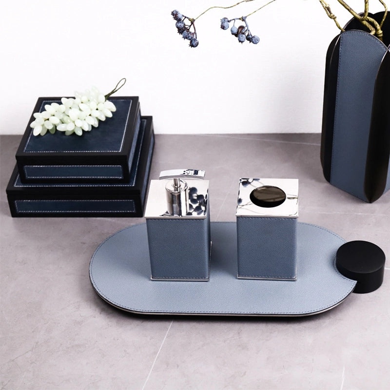 Modern European Soft Stainless Steel Leather Bathroom Set Soap Dispenser Toothbrush Holder 4-Piece Home Decor|Bathroom Accessories