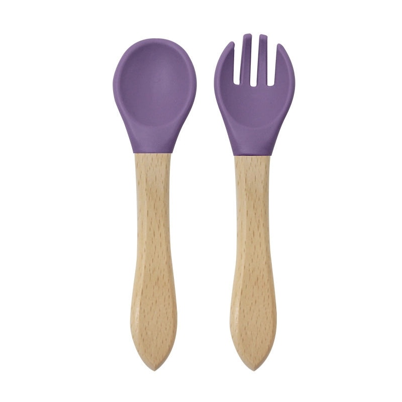 Wood and Silicone Spoon Fork Set, 2 Pieces Casual Solid Color | Kitchen Utensils & Cutlery