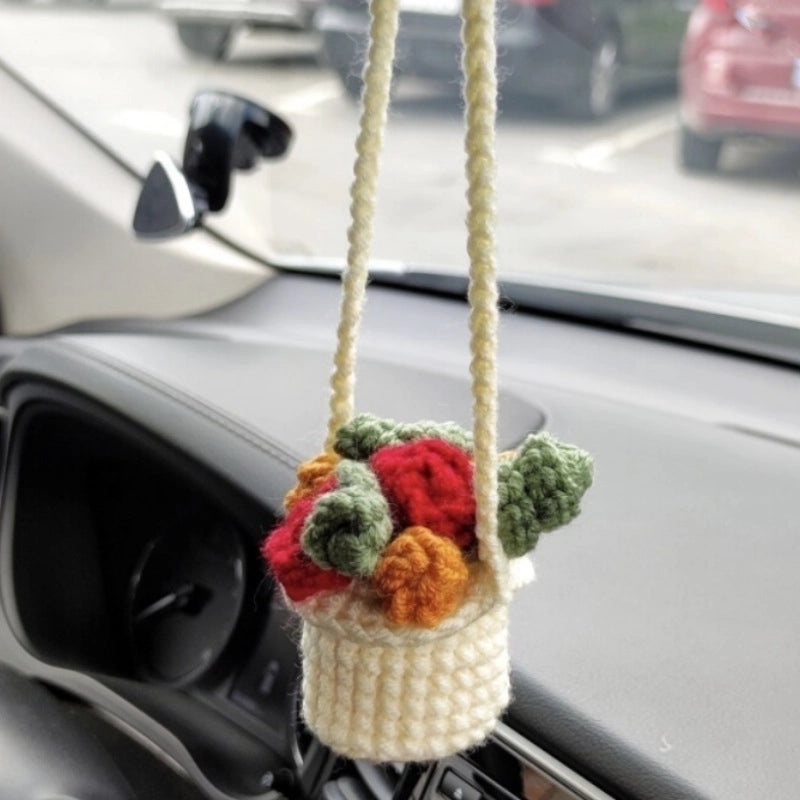 3 Pieces Hand-Crocheted Chlorophytum Yarn Potted Ornaments for Car Rearview Mirror | Car Accessories