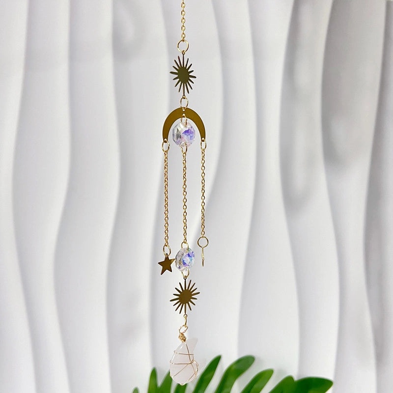 Minimalist Sun and Moon K9 Crystal Brass Suncatcher Wind Chime Decorative Wall Art|Home Decor