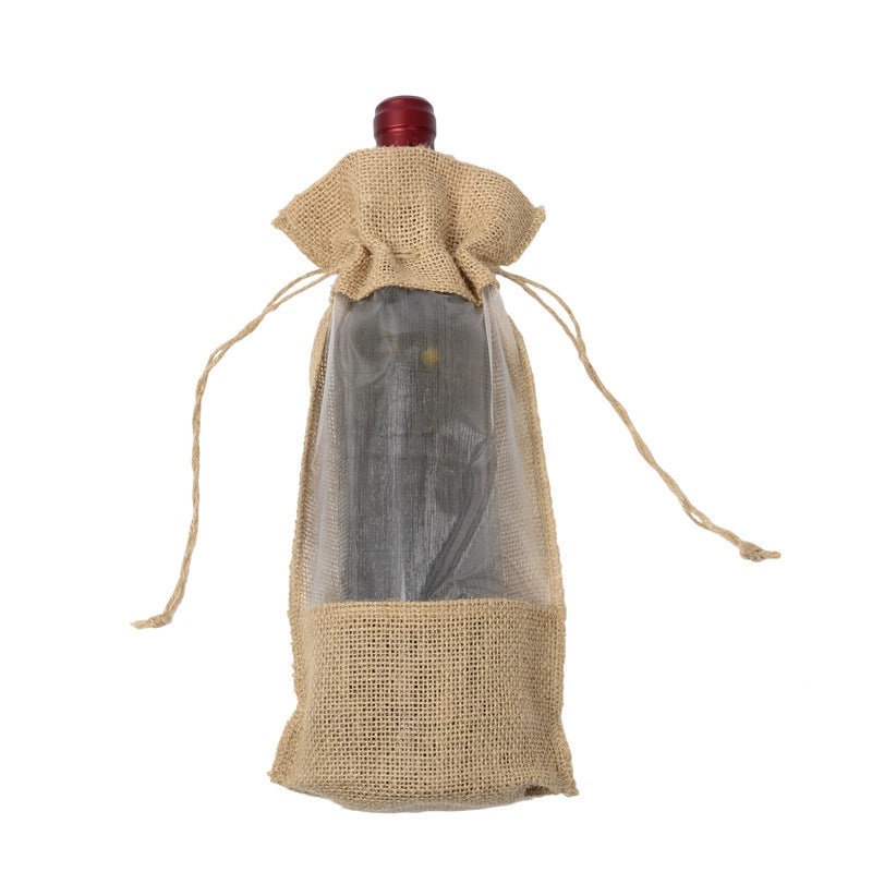 Jute Wine Gift Bag with Window, Double Drawstring, Elegant Party & Banquet Packaging|Gift Bags & Packaging