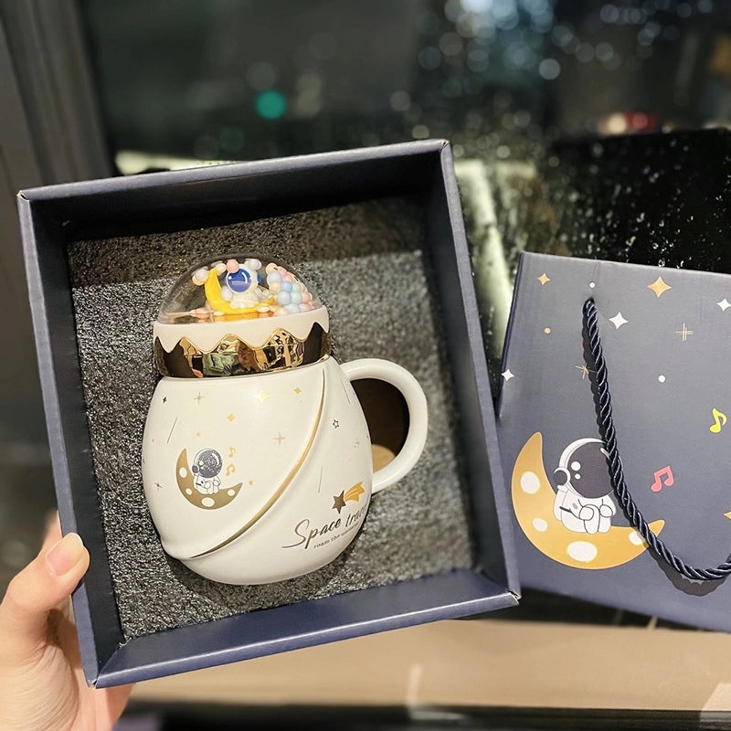 2-Piece Astronaut Space Ceramic Mug Set with Lid and Spoon | Gifts for Couples and Space Lovers | Drinkware Gifts