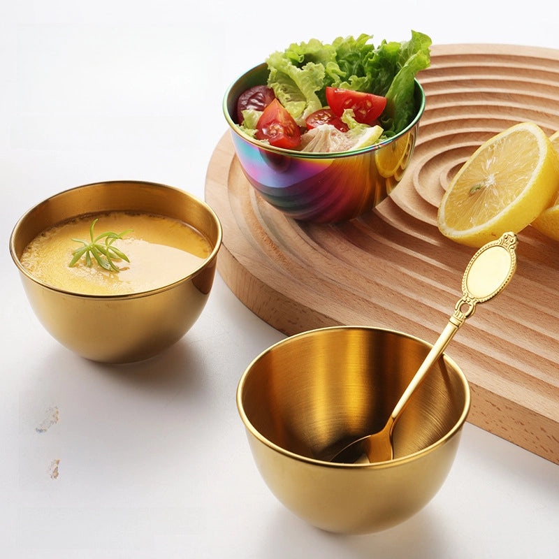 Stainless Steel Small Sauce Bowl Set with Spoon, Golden Dip Dish for Sushi, Jam, and Seasoning | Kitchen & Dining Accessories