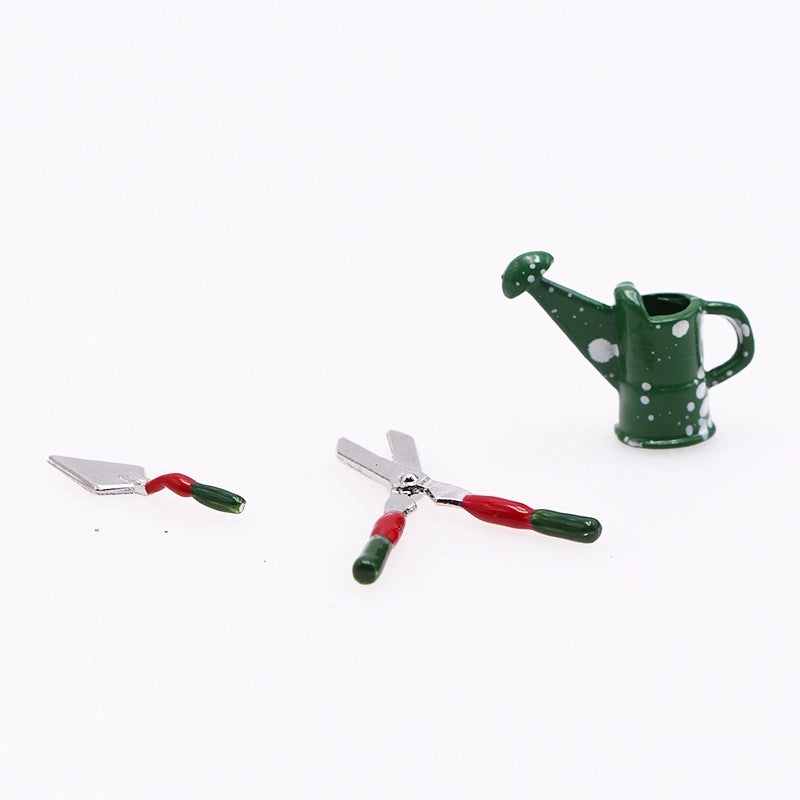 Miniature Dollhouse Gardening Tin Scissors Set with Wrought Iron Watering Can for BJD Accessories|Miniature Garden Tools