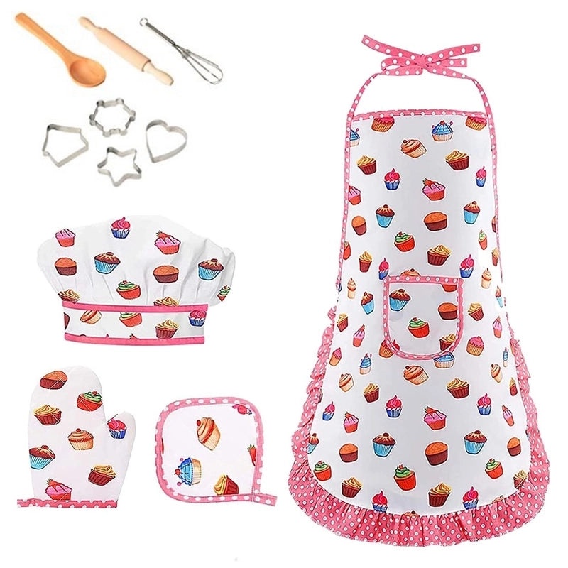 Kids Baking Apron with Cartoon Tool Set Play Kitchen Toy for Pretend Cooking|Kids & Baby > Toys > Role Play & Dress Up