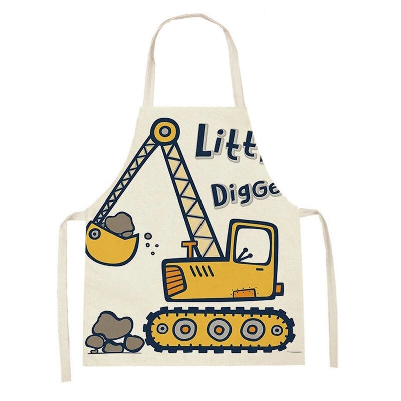 Cartoon Excavator Print Linen Sleeveless Parent-Child Apron Oil-Resistant Home Cooking Protective Wear|Kitchenware & Aprons
