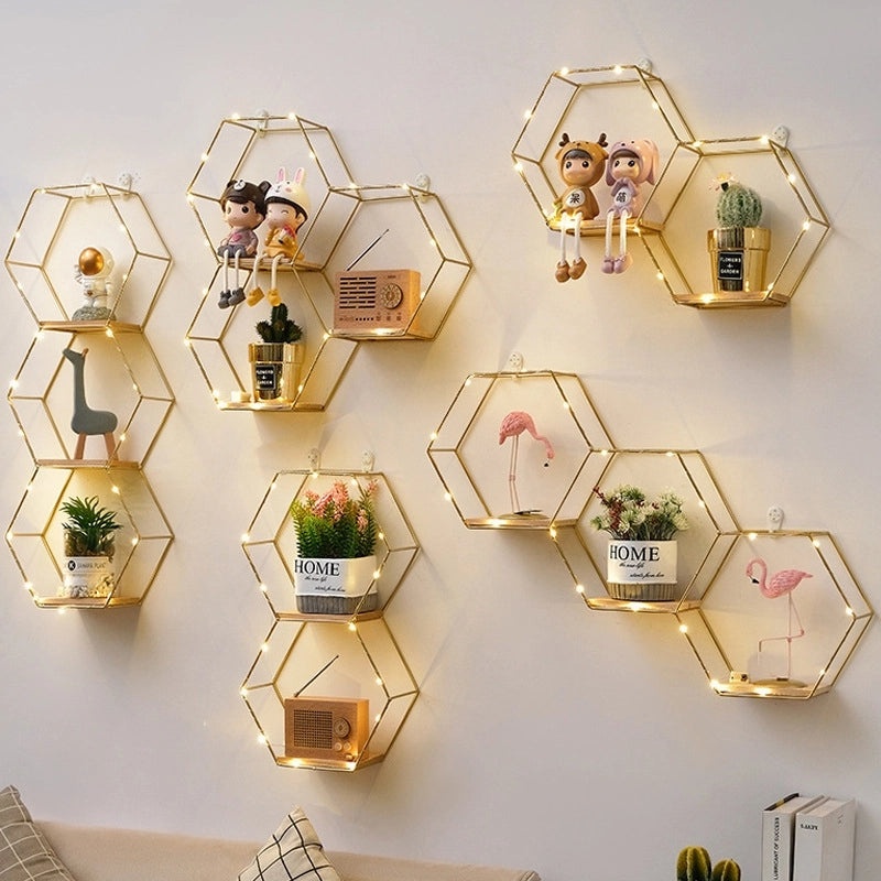 Wrought Iron Nordic Hexagon Wall Shelf Decorative Hanging for Home Bedroom Dining Room|Home Decor Wall Art