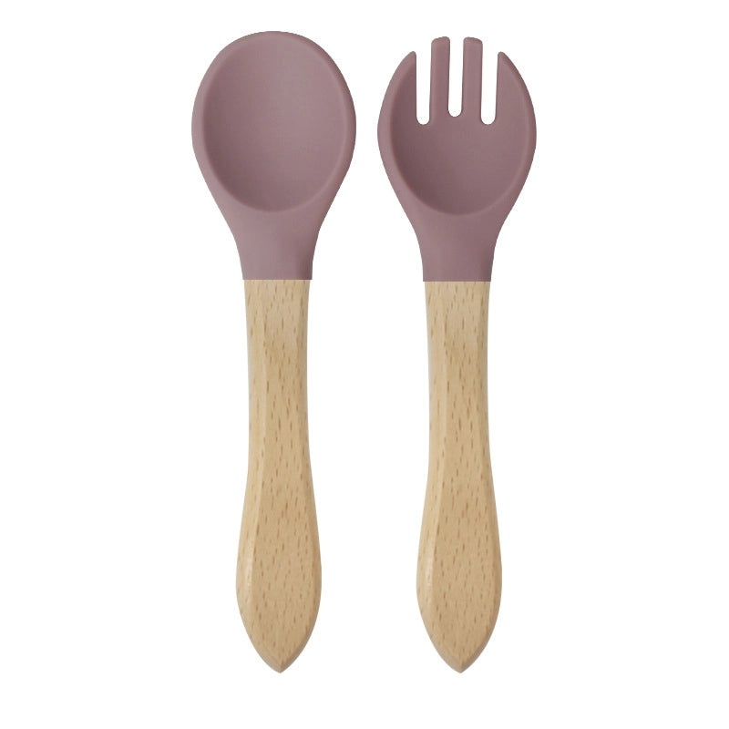 Wood and Silicone Spoon Fork Set, 2 Pieces Casual Solid Color | Kitchen Utensils & Cutlery