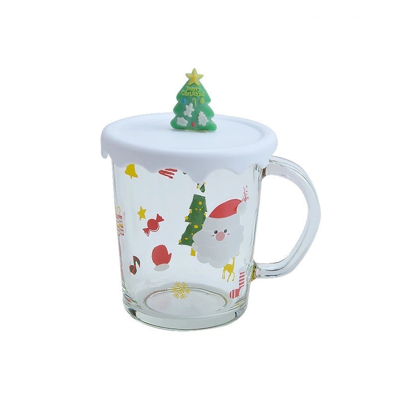 Festive Christmas Glass Mug with Tree Santa Claus and Snowman Design | Holiday Drinkware