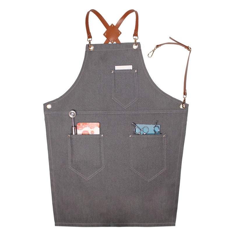 Denim Suspender Apron for Barista, Hair Stylist, Restaurant Staff, Floral Design, Unisex, Korean Style Workwear|Aprons & Workwear