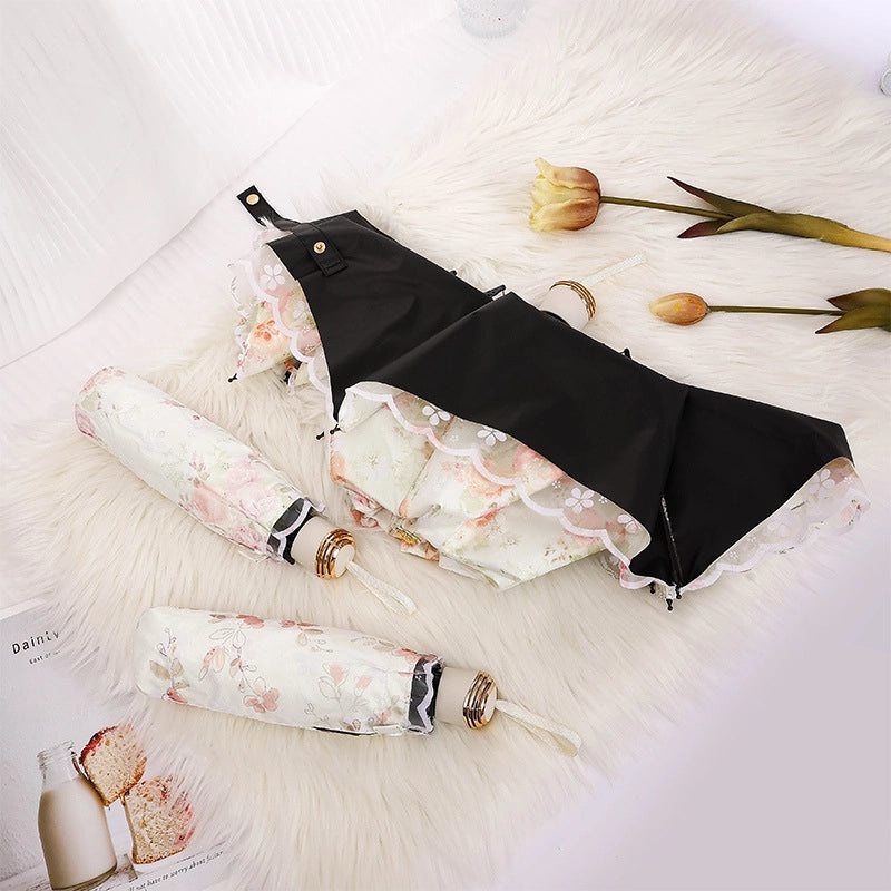 Goddess Princess Double Layer Lace Foldable Umbrella for Women | Sun & Rain Protection | Black Sunshade Umbrellas | Women's Accessories