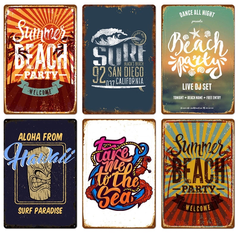 Beach Vintage Tin Sign Coffee Shop Wall Art Home Decor Frameless Hanging Painting|Home Decor