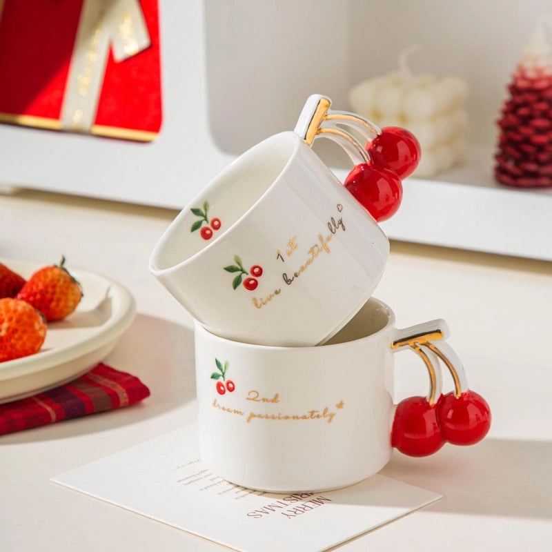 Charming Cherry Design White Porcelain Coffee Mug | Kitchenware & Drinkware