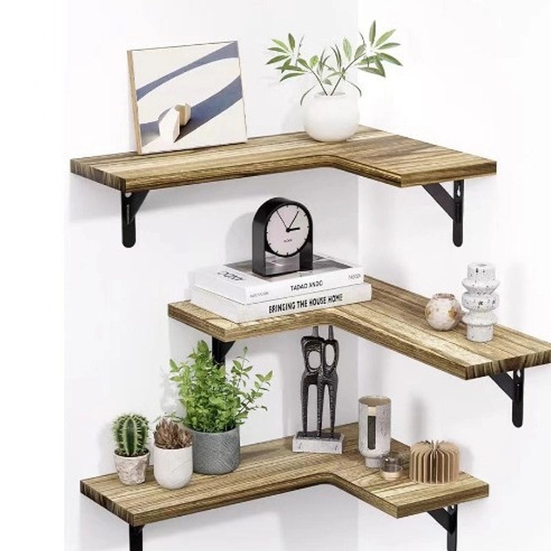 Rustic Wooden Wall-mounted Corner Storage Rack Floating Shelf for Home Organization|Home Storage & Organization