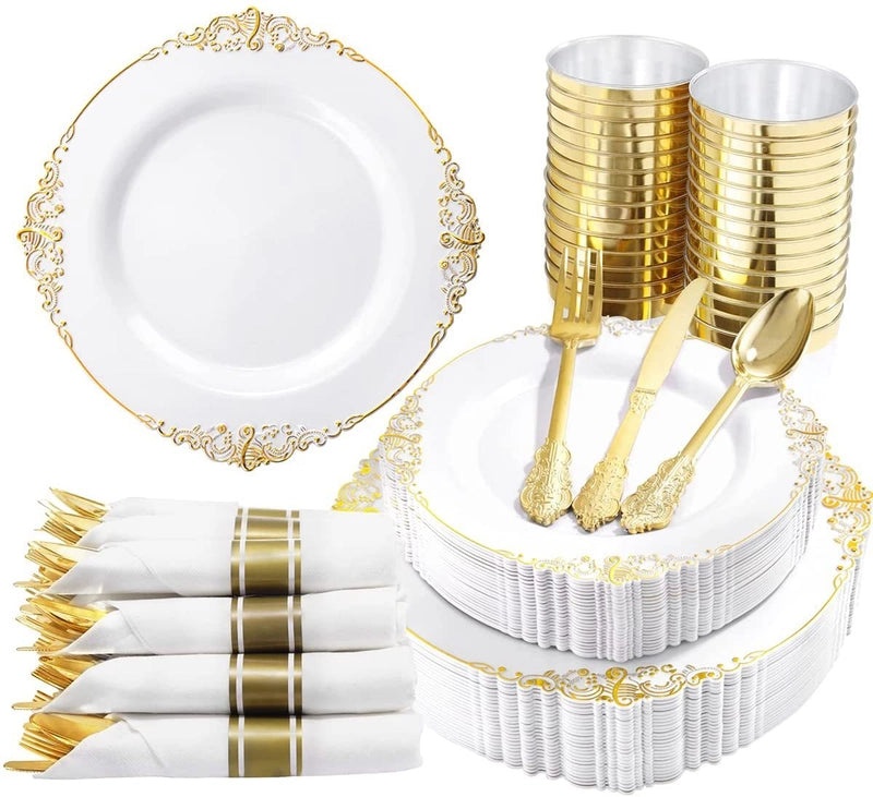 Disposable Dragon Pattern Tableware Set with White Gold-Edged Plates and Gold Air-Laid Paper Wine Glass Holders|Party Supplies